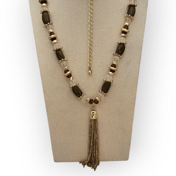 Amber Brown Gold Beaded Tassel Necklace – Vintage Boho Glam 1970s Style Jewelry - Picture 4 of 7